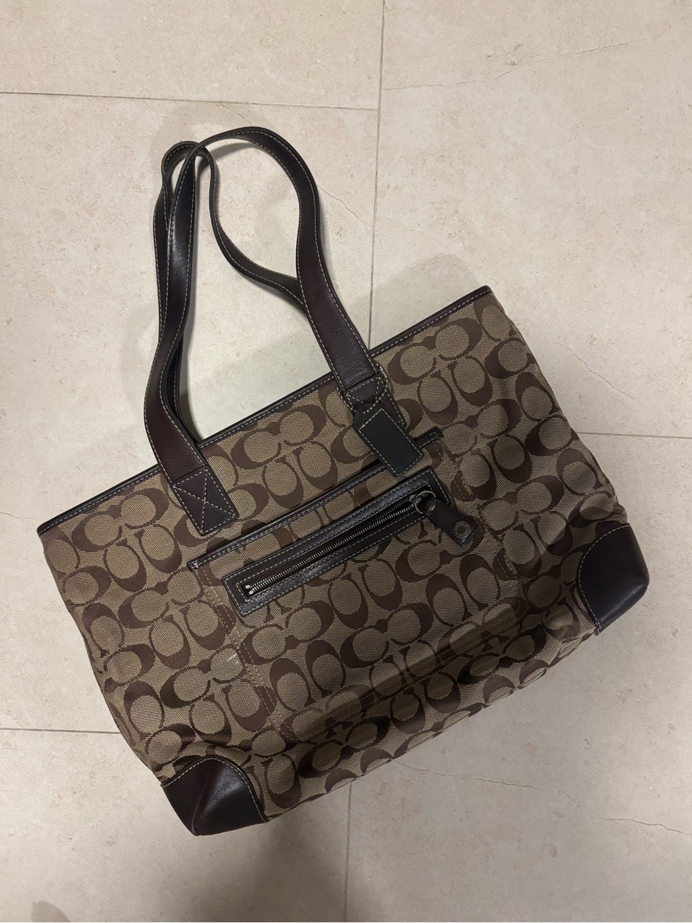 Vintage Coach Signature Canvas Shoulder Tote in Brown and Dark Brown